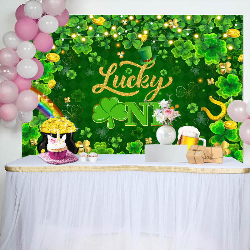 Aperturee - Lucky One Gold Green Clover 1st birthday Backdrop