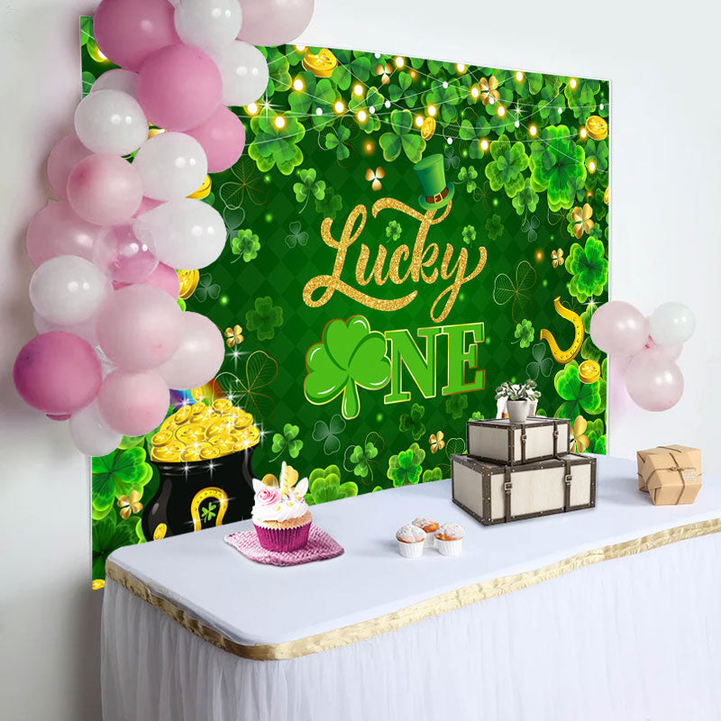 Aperturee - Lucky One Gold Green Clover 1st birthday Backdrop