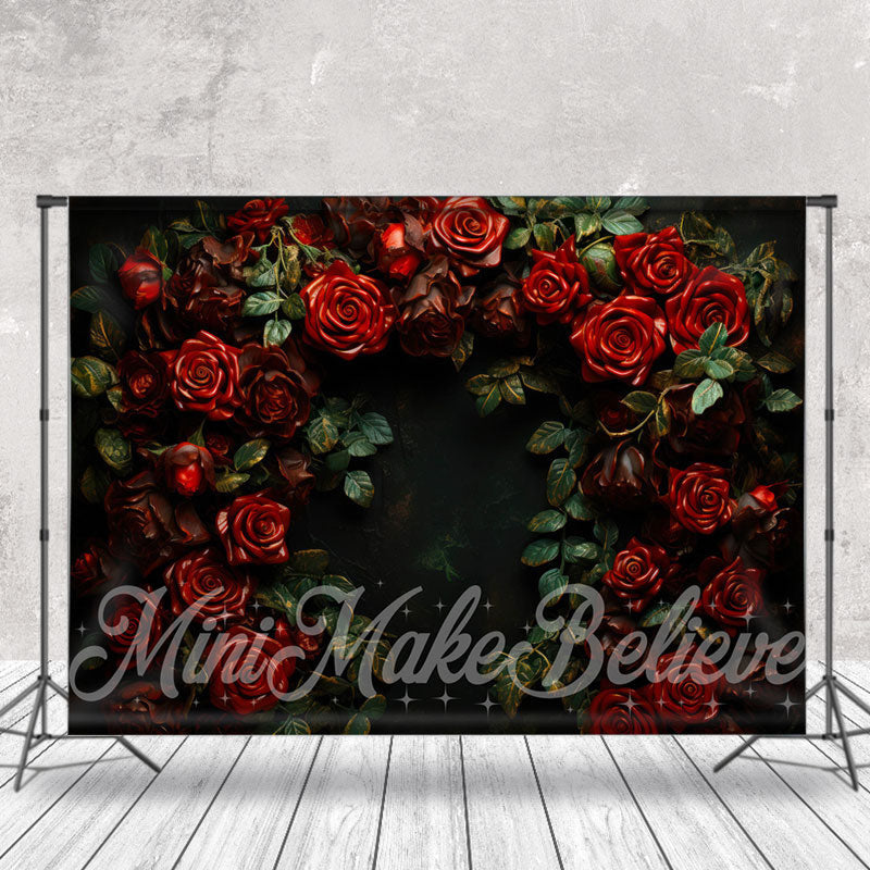 Aperturee - Luxurious Dark Red Rose Green Leaves Floral Backdrop