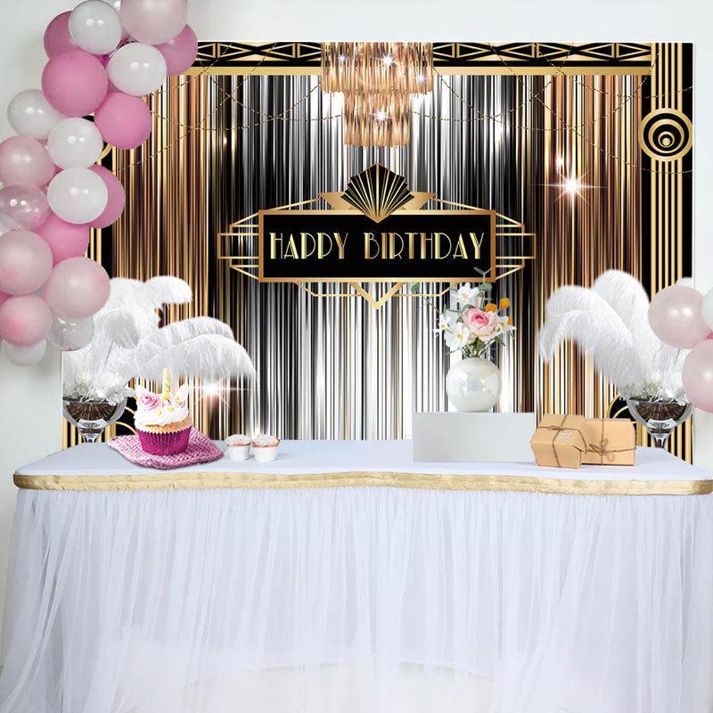 Aperturee - Luxurious Gold Silver Line Feather Birthday Backdrop