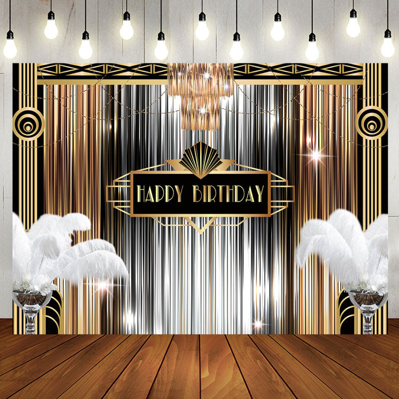 Aperturee - Luxurious Gold Silver Line Feather Birthday Backdrop