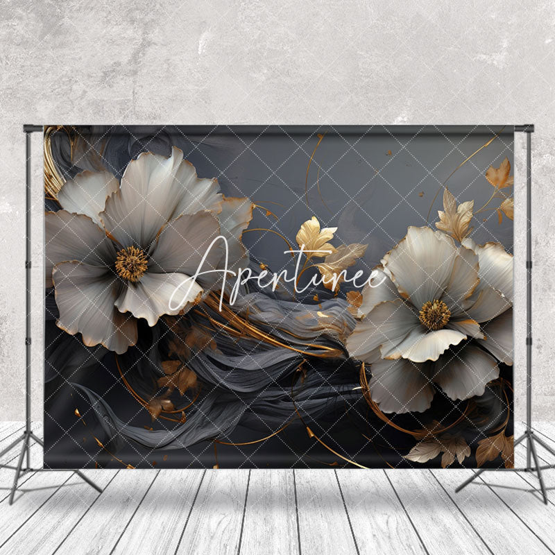 Aperturee - Luxury Dark Grey Gold Floral Photo Studio Backdrop