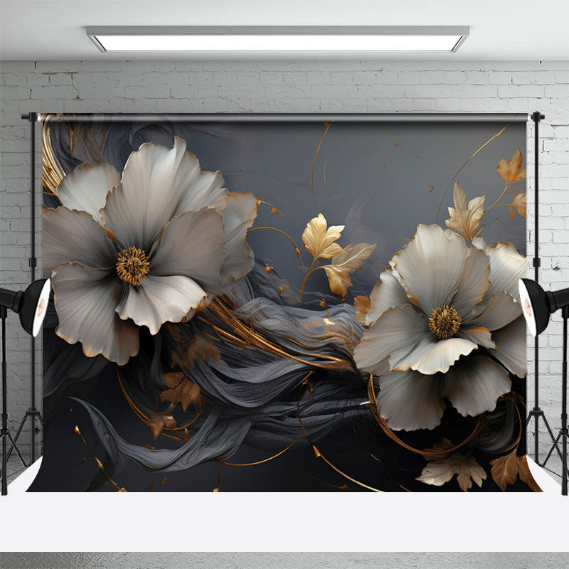 Aperturee - Luxury Dark Grey Gold Floral Photo Studio Backdrop