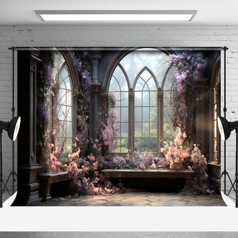 Aperturee - Luxury Dark Grey Purple Floral Window Photo Backdrop