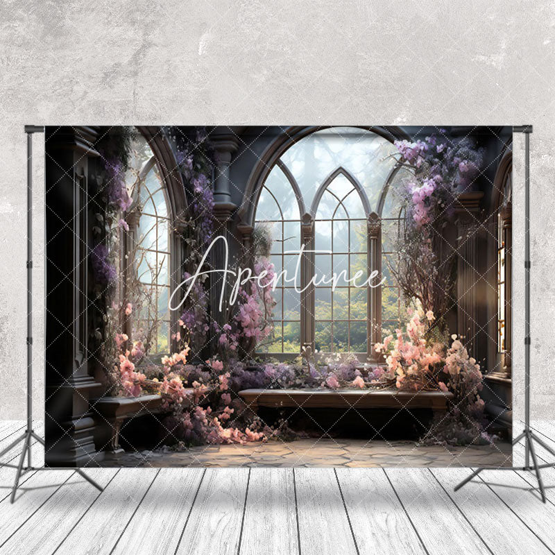 Aperturee - Luxury Dark Grey Purple Floral Window Photo Backdrop