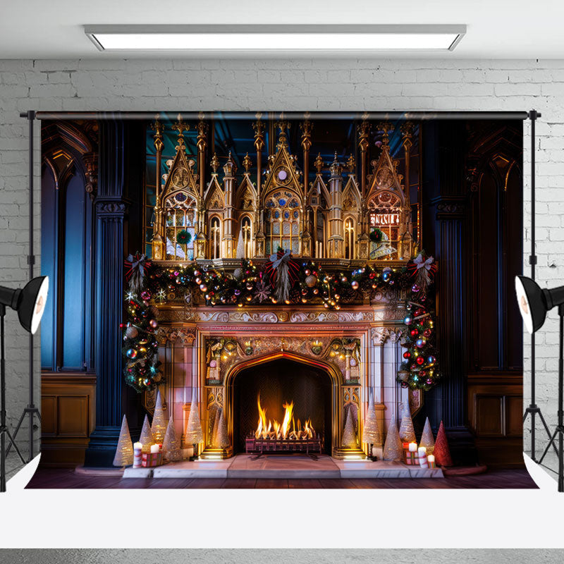 Aperturee - Luxury Gold Palace Bell Fireplace Christmas Backdrop