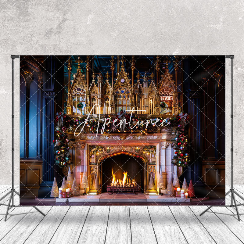 Aperturee - Luxury Gold Palace Bell Fireplace Christmas Backdrop