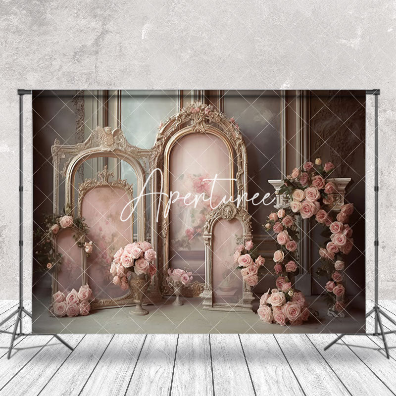 Aperturee - Luxury Royal Mirror Pink Rose Retro Wall Backdrop