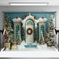 Aperturee - Luxury Teal White Tree Snow Scene Christmas Backdrop