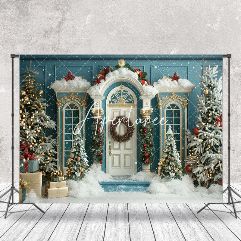 Aperturee - Luxury Teal White Tree Snow Scene Christmas Backdrop