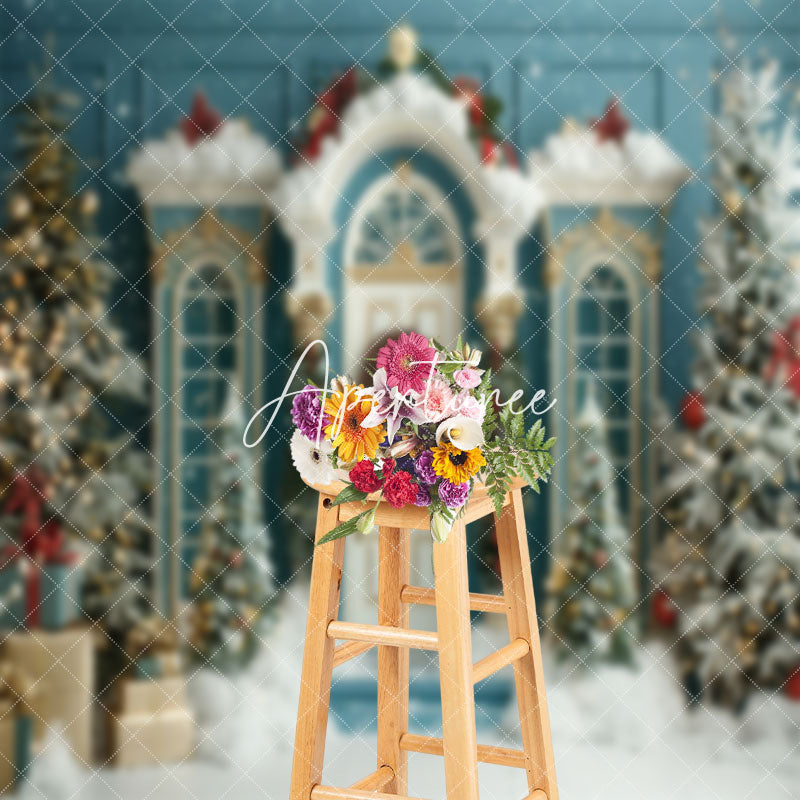 Aperturee - Luxury Teal White Tree Snow Scene Christmas Backdrop