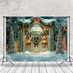 Aperturee - Luxury Vintage Door Trees Snow Christmas Backdrop