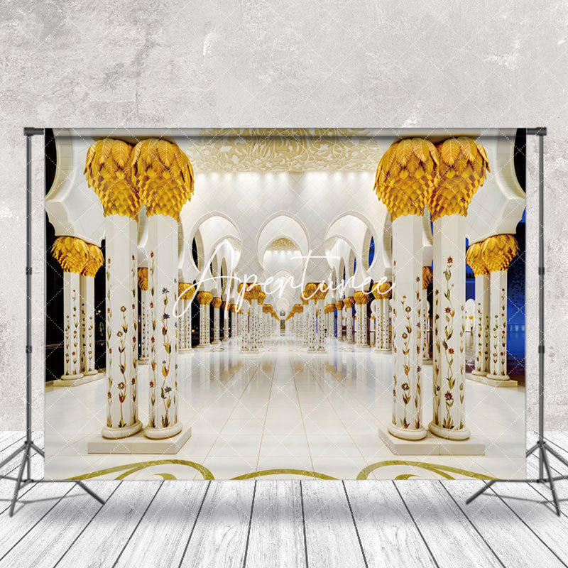 Aperturee - Luxury White Gold Palace Corridor Photo Backdrop