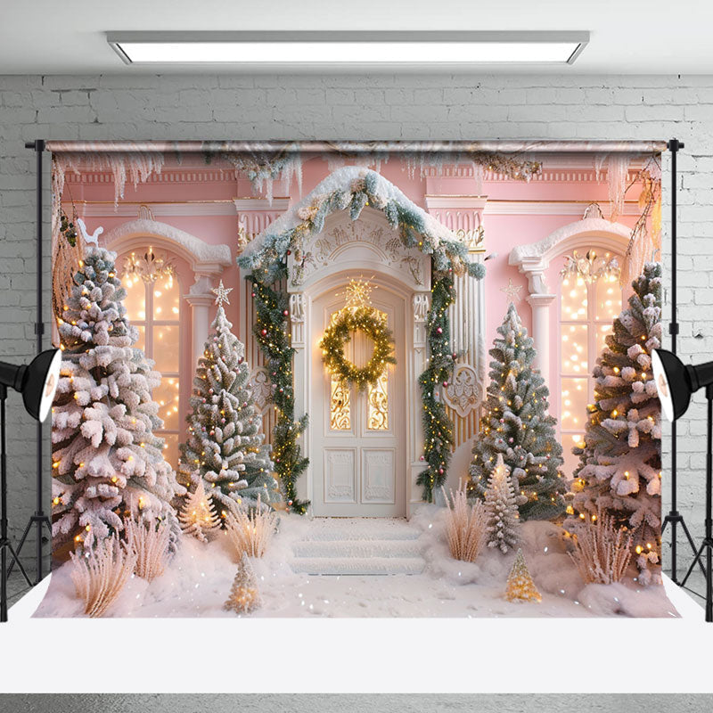 Aperturee - Luxury White House Snow Scene Christmas Backdrop