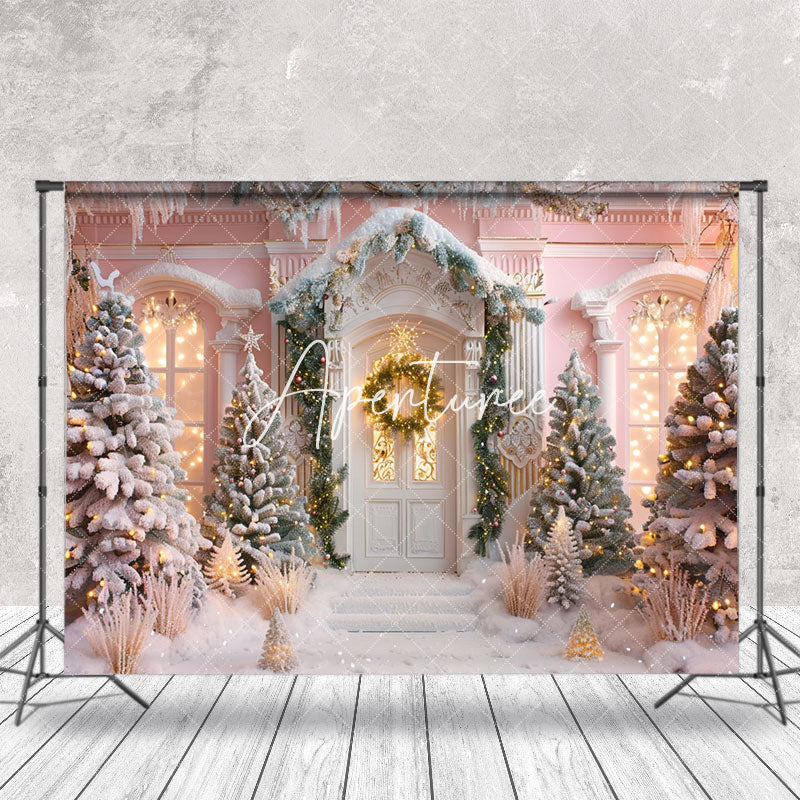 Aperturee - Luxury White House Snow Scene Christmas Backdrop