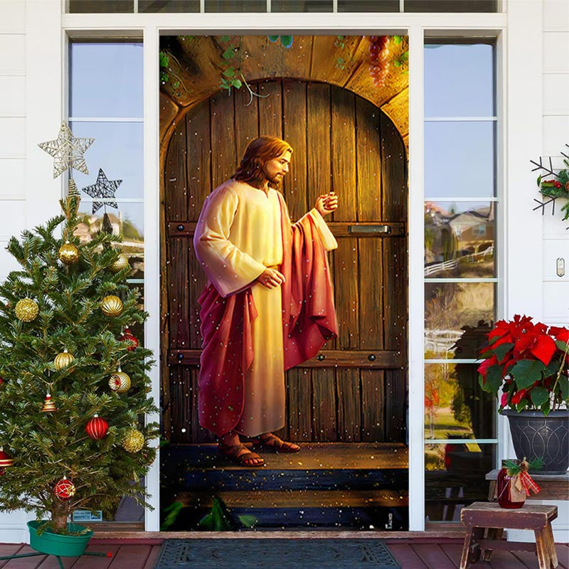 Aperturee - Man Knocking Wooden Christmas Door Cover Decoration