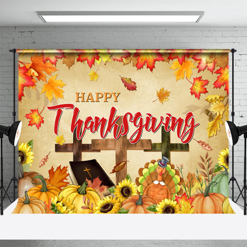 Aperturee - Maple Leaf Sunflower Happy Thanksgiving Backdrop