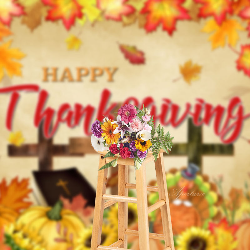 Aperturee - Maple Leaf Sunflower Happy Thanksgiving Backdrop