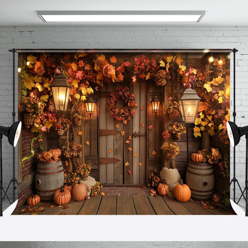 Aperturee - Maple Leaves Wooden Barn Autumn Thanksgiving Backdrop