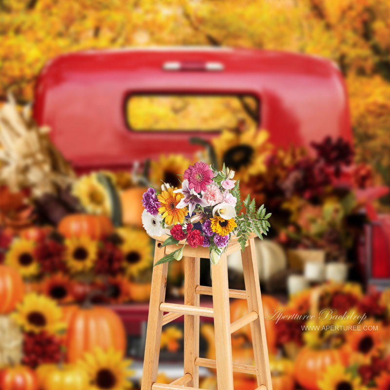 Aperturee - Maples Sunflowers Pumpkin Red Truck Autumn Backdrop