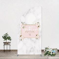 Aperturee - Marble White Pink Floral Cross Baptism Arch Backdrop