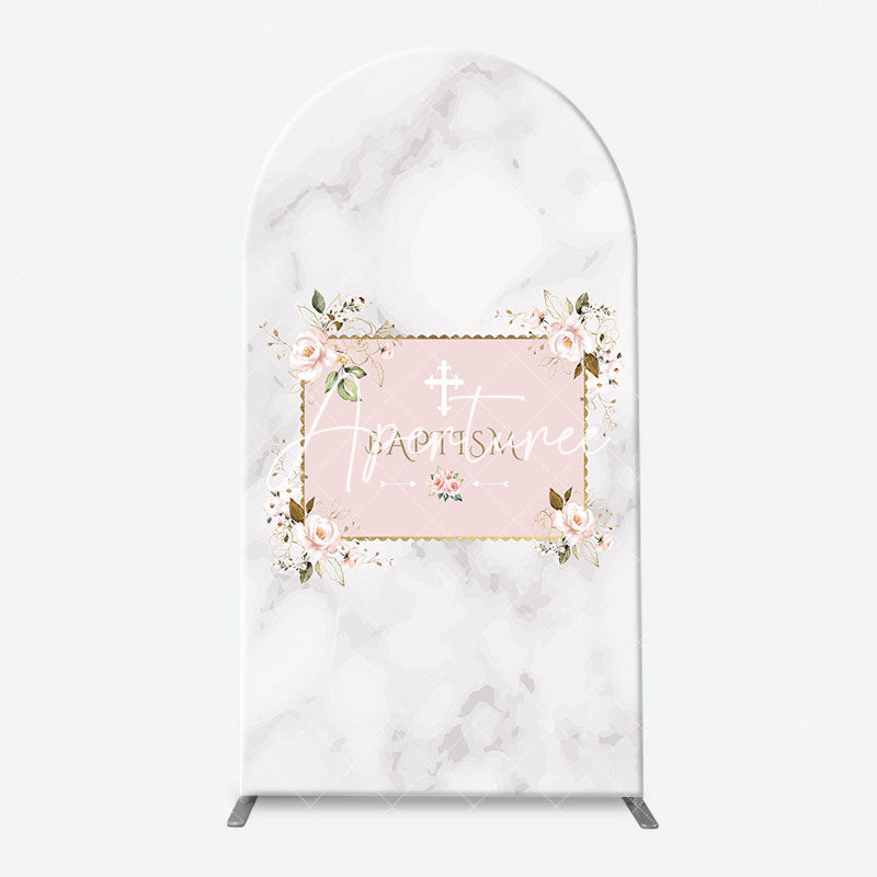 Aperturee - Marble White Pink Floral Cross Baptism Arch Backdrop