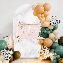 Aperturee - Marble White Pink Floral Cross Baptism Arch Backdrop