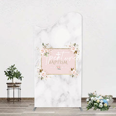 Aperturee - Marble White Pink Floral Cross Baptism Arch Backdrop