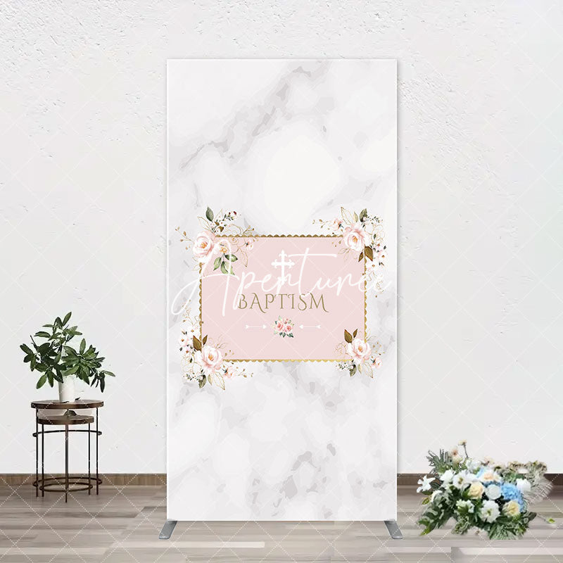 Aperturee - Marble White Pink Floral Cross Baptism Arch Backdrop