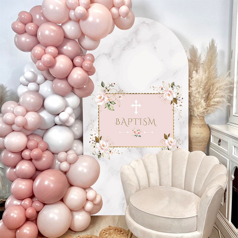 Aperturee - Marble White Pink Floral Cross Baptism Arch Backdrop