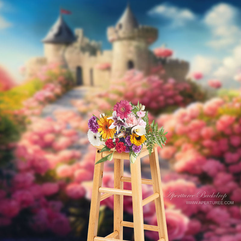 Aperturee - Medieval Castle Pink Rose Square Backdrop For Photo