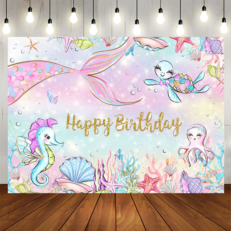 Aperturee - Mermaid And Benthos Happy Birthday Backdrop For Girl