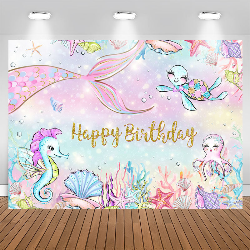 Aperturee - Mermaid And Benthos Happy Birthday Backdrop For Girl