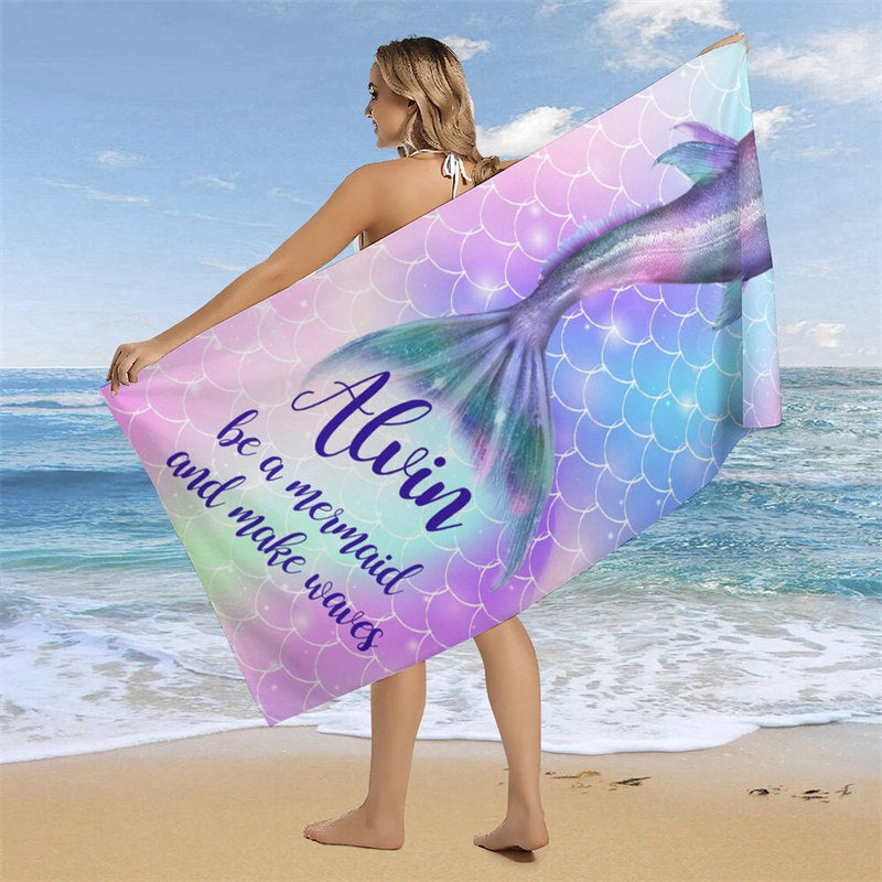 Aperturee - Mermaid Custom Name Purple Beach Towel for Girls