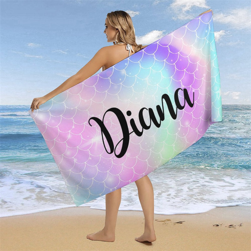 Aperturee - Mermaid Glitter Custom Name Girl Summer Beach Towel