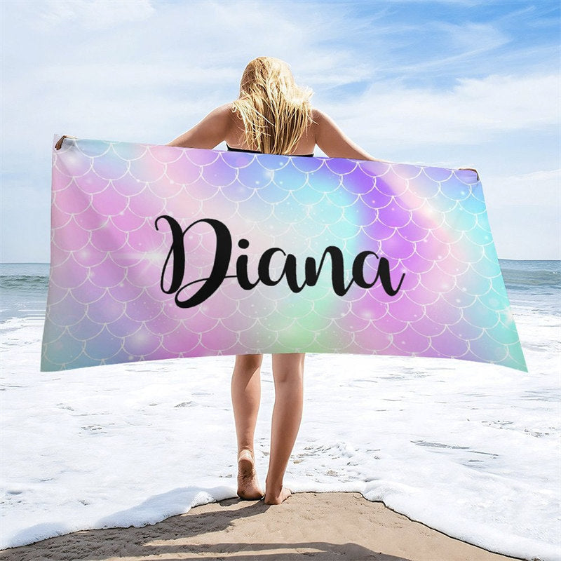 Aperturee - Mermaid Glitter Custom Name Girl Summer Beach Towel