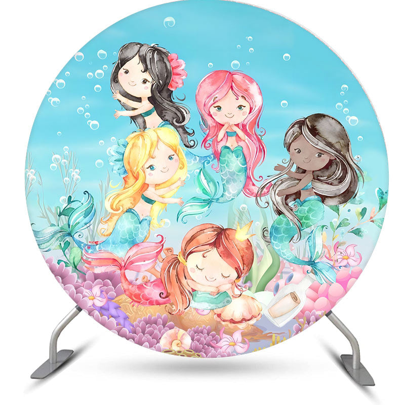 Aperturee - Mermaid In The Sea With Shell Round Backdrop Kit For Girl