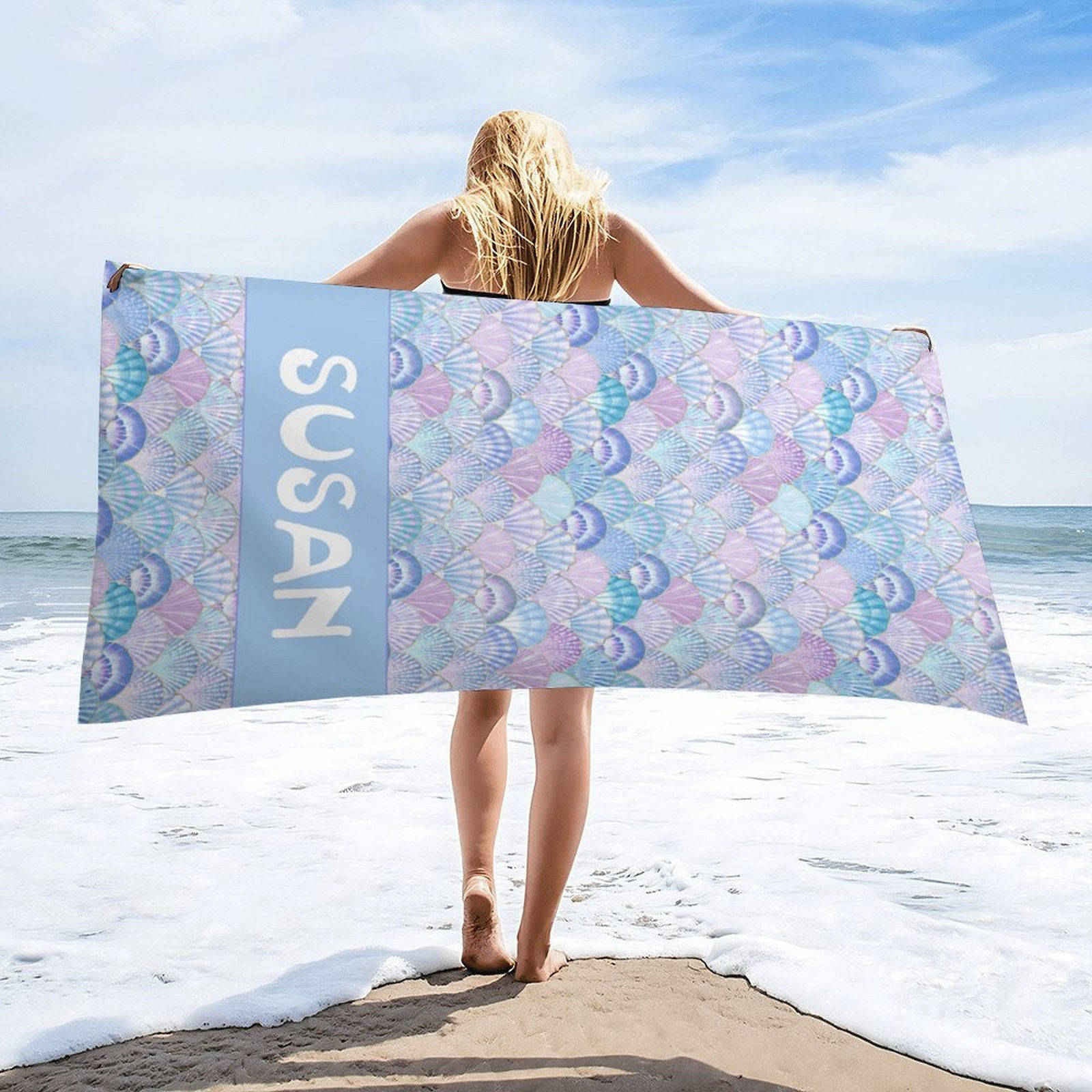 Aperturee - Mermaid Purple Shell Custom Name Girl Beach Towel