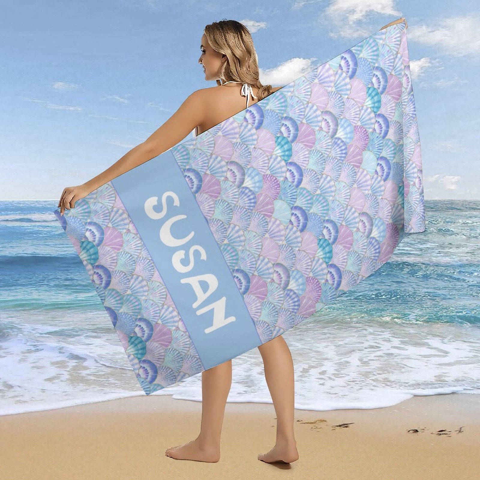 Aperturee - Mermaid Purple Shell Custom Name Girl Beach Towel