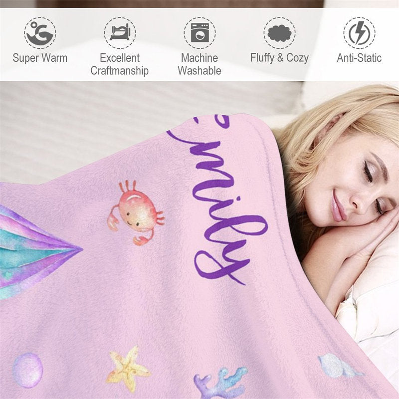 Lofaris Mermaid Wave Shells Pearls Custom Name Blanket For Kids