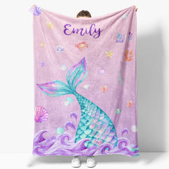 Lofaris Mermaid Wave Shells Pearls Custom Name Blanket For Kids