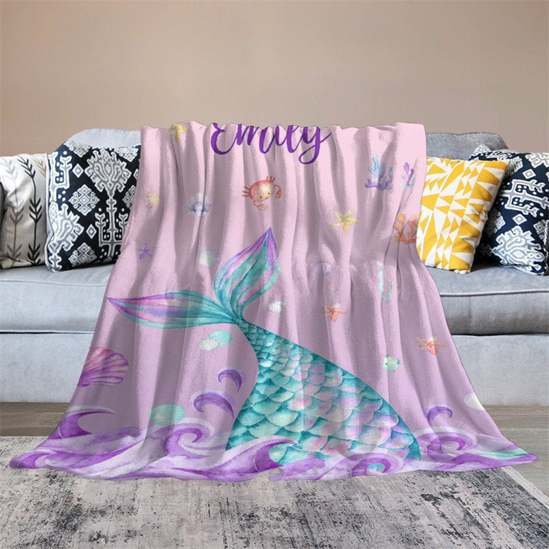 Lofaris Mermaid Wave Shells Pearls Custom Name Blanket For Kids