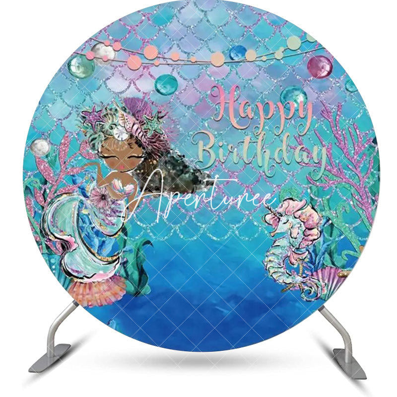 Aperturee - Mernaid Seahorse Scale Coral Round Birthday Backdrop