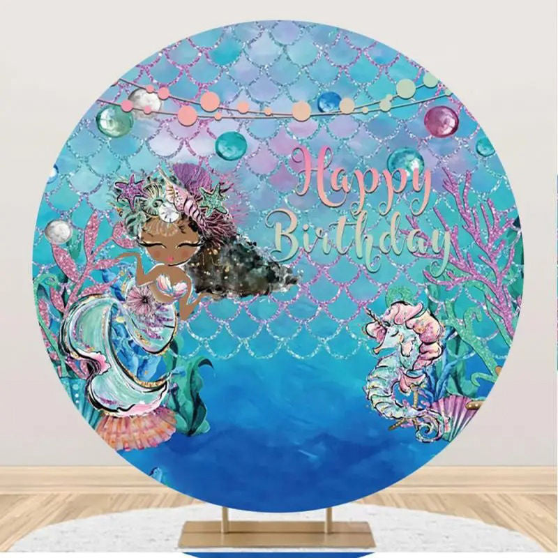 Aperturee - Mernaid Seahorse Scale Coral Round Birthday Backdrop