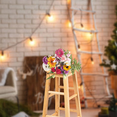 Aperturee - Merry And Bright Brick Wall Ladder Christmas Backdrop