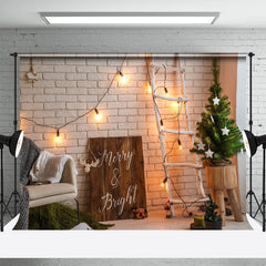 Aperturee - Merry And Bright Brick Wall Ladder Christmas Backdrop