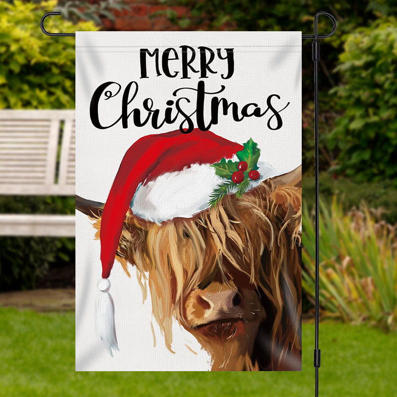 Aperturee - Merry Christmas Cow Santa Hat Burlap Garden Flag