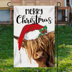 Aperturee - Merry Christmas Cow Santa Hat Burlap Garden Flag