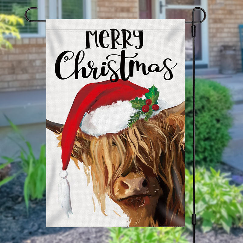 Aperturee - Merry Christmas Cow Santa Hat Burlap Garden Flag