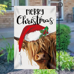 Aperturee - Merry Christmas Cow Santa Hat Burlap Garden Flag